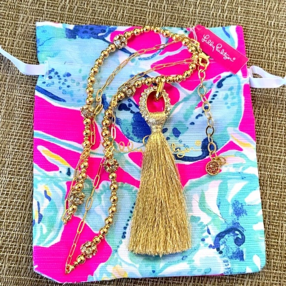 Lilly Pulitzer NWT CRYSTAL GOLD LINK TASSEL NECKLACE⭐️STUNNING NEW + Lilly POUCH - Picture 5 of 16